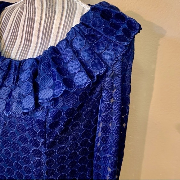 Trina Turk Dress Medium Navy Blue Mini Long Slvs Lace Dots Ruffle Neckline Cuffs - Picture 7 of 16